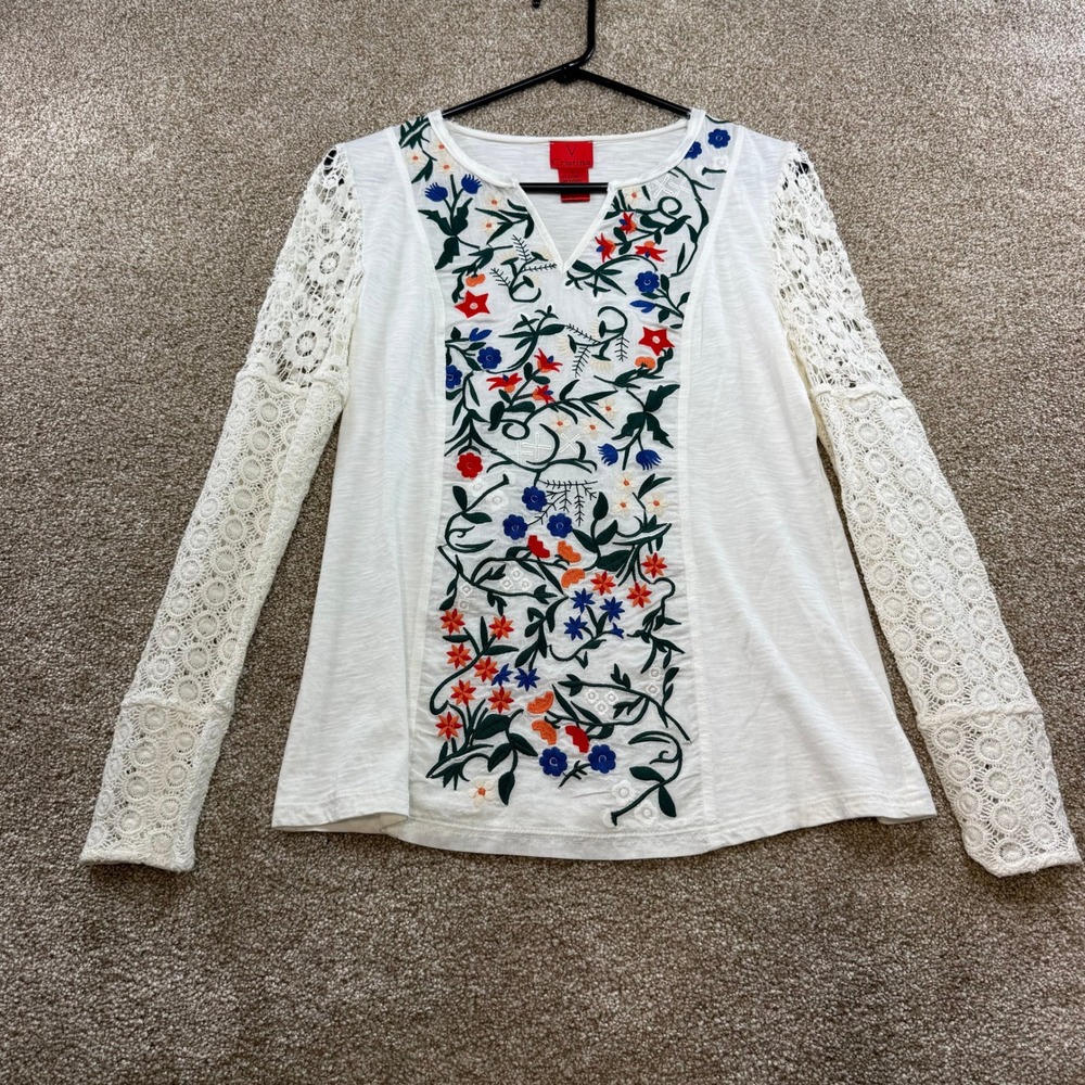 Cristina Womens White Floral Embroidered Crochet Lace Sleeve Top S Boho Peasant